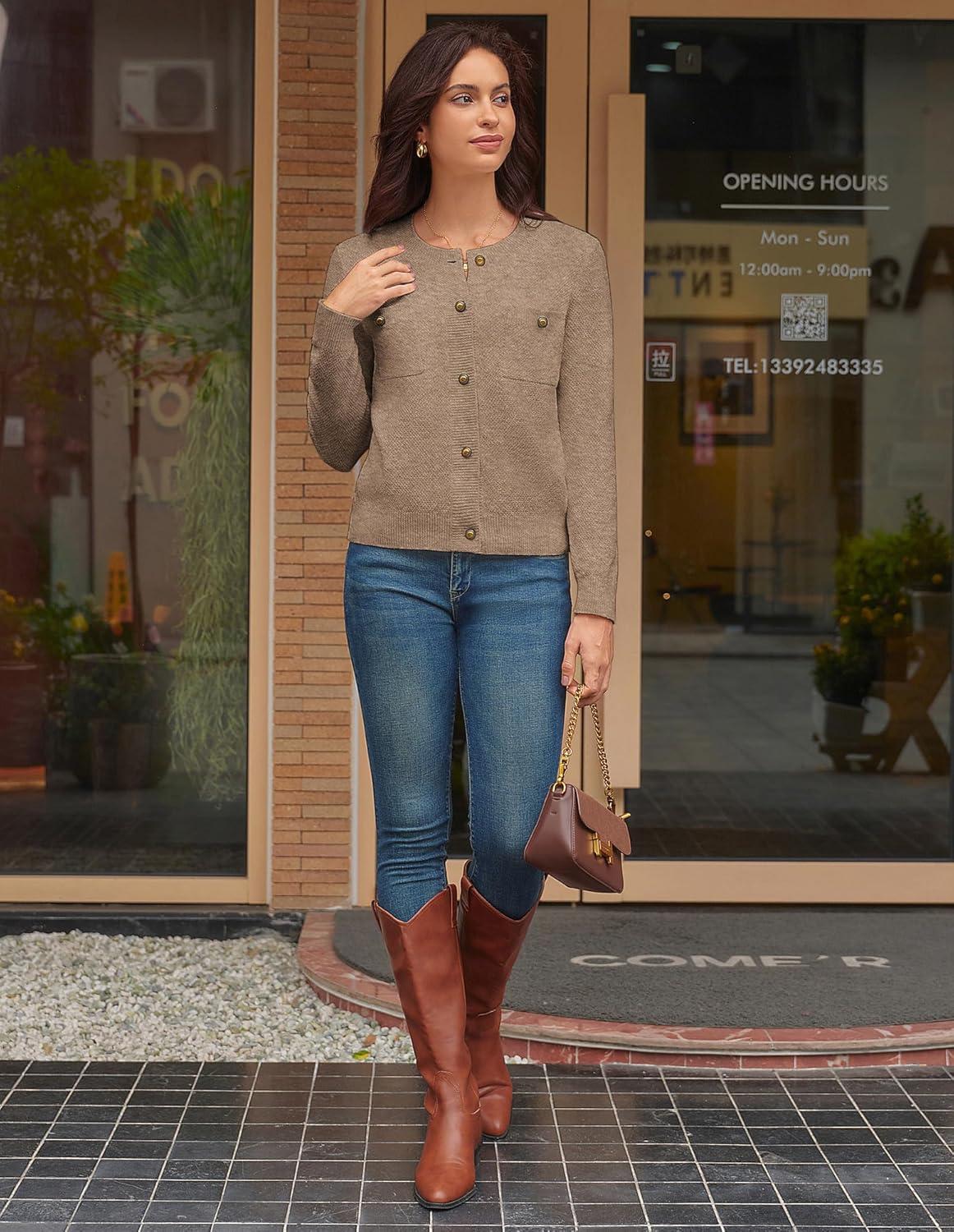 imageGRACE KARIN Women 2025 Tweed Cardigan Sweaters Casual Lightweight Cropped Cardigan Early Fall Fashion Knit Blazer OutfitsCamel