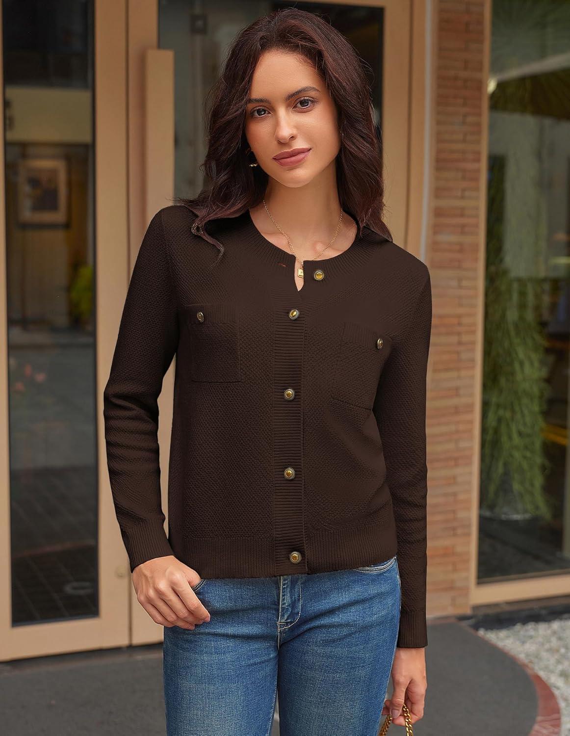 imageGRACE KARIN Women 2025 Tweed Cardigan Sweaters Casual Lightweight Cropped Cardigan Early Fall Fashion Knit Blazer OutfitsCoffee Brown