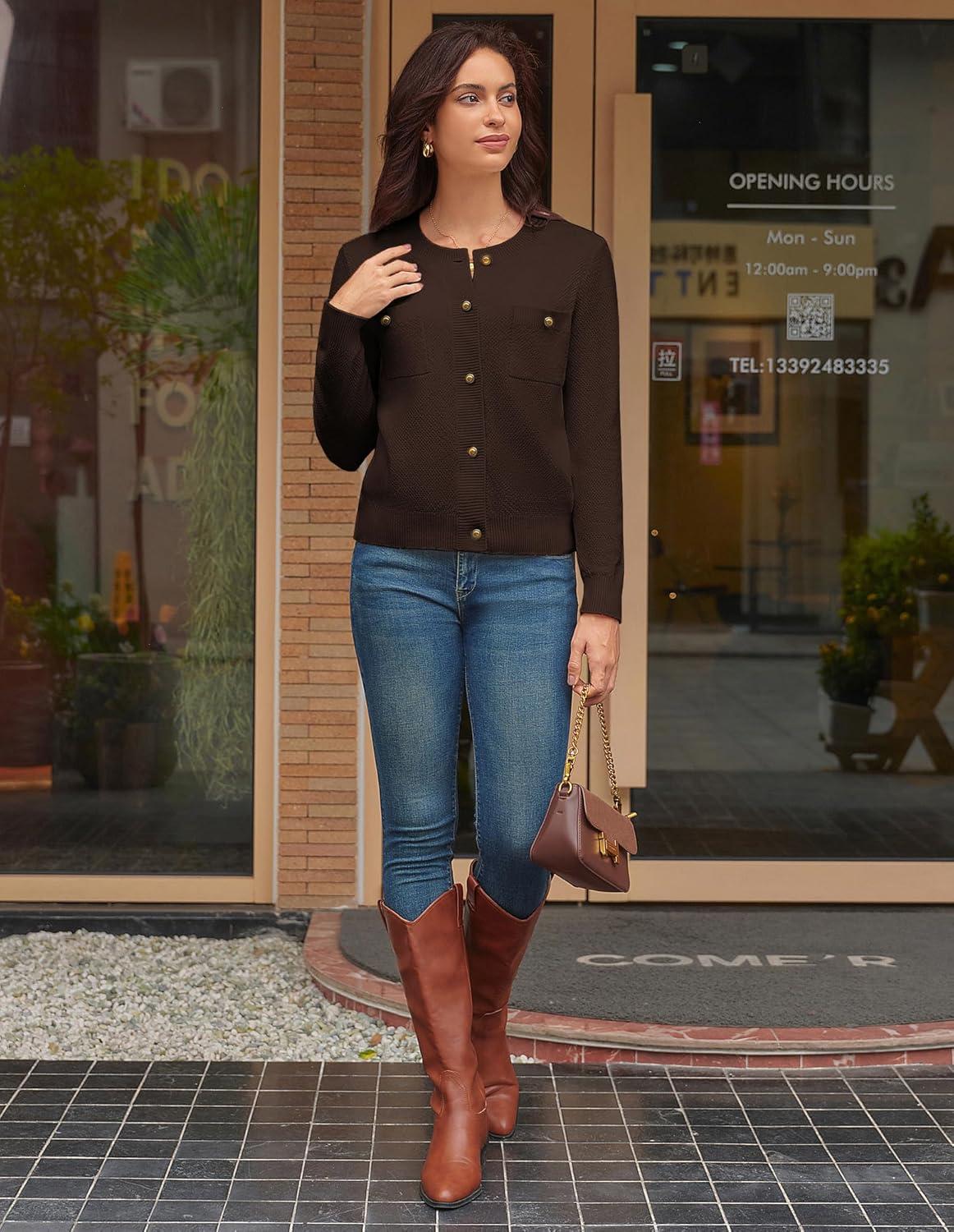 imageGRACE KARIN Women 2025 Tweed Cardigan Sweaters Casual Lightweight Cropped Cardigan Early Fall Fashion Knit Blazer OutfitsCoffee Brown