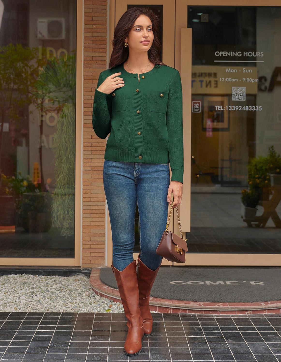 imageGRACE KARIN Women 2025 Tweed Cardigan Sweaters Casual Lightweight Cropped Cardigan Early Fall Fashion Knit Blazer OutfitsGreen