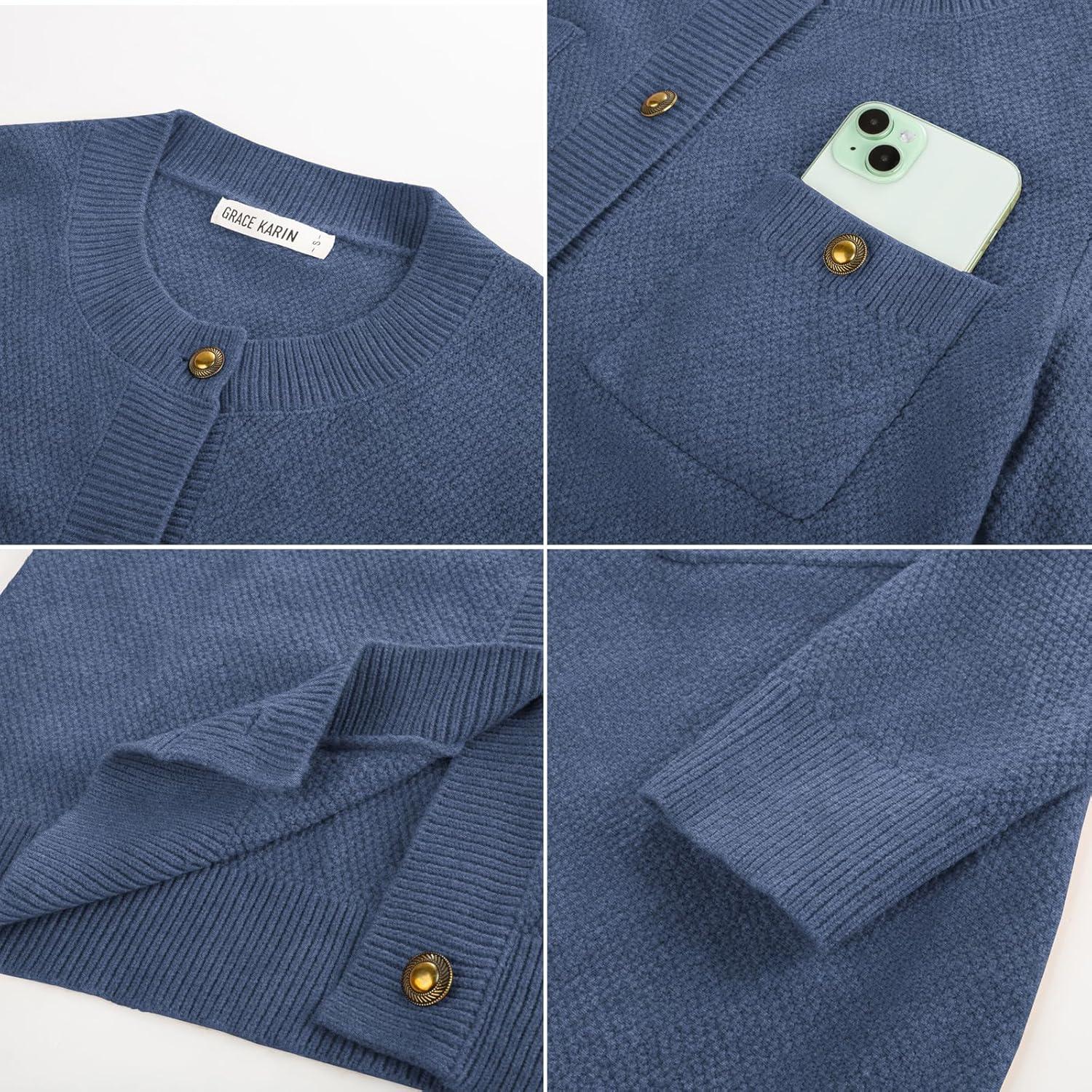 imageGRACE KARIN Women 2025 Tweed Cardigan Sweaters Casual Lightweight Cropped Cardigan Early Fall Fashion Knit Blazer OutfitsGrey Blue