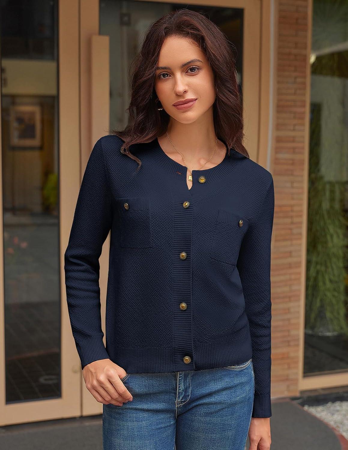 imageGRACE KARIN Women 2025 Tweed Cardigan Sweaters Casual Lightweight Cropped Cardigan Early Fall Fashion Knit Blazer OutfitsNavy Blue