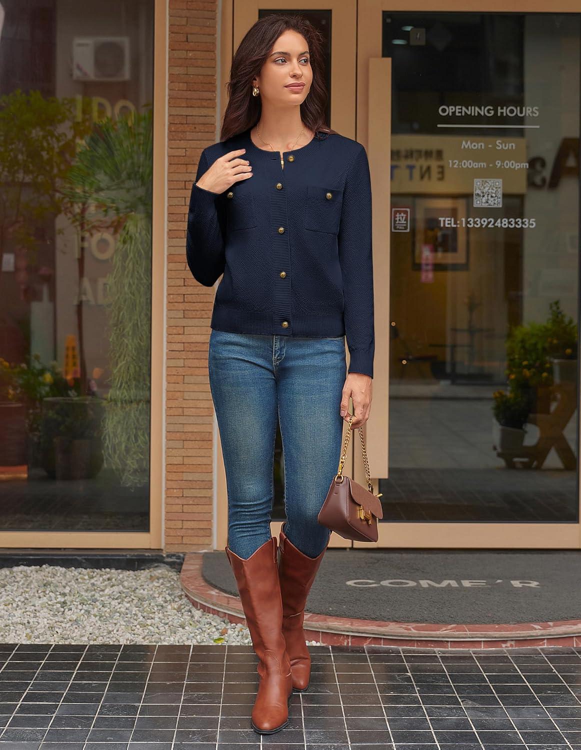 imageGRACE KARIN Women 2025 Tweed Cardigan Sweaters Casual Lightweight Cropped Cardigan Early Fall Fashion Knit Blazer OutfitsNavy Blue
