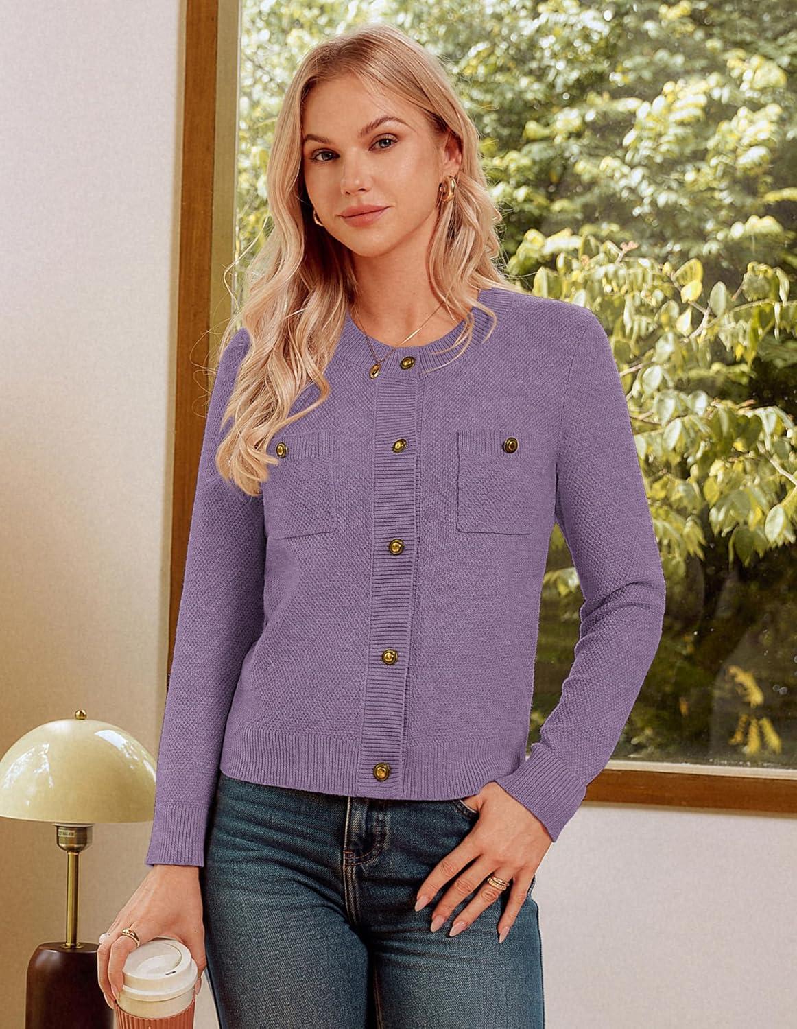 imageGRACE KARIN Women 2025 Tweed Cardigan Sweaters Casual Lightweight Cropped Cardigan Early Fall Fashion Knit Blazer OutfitsPurple