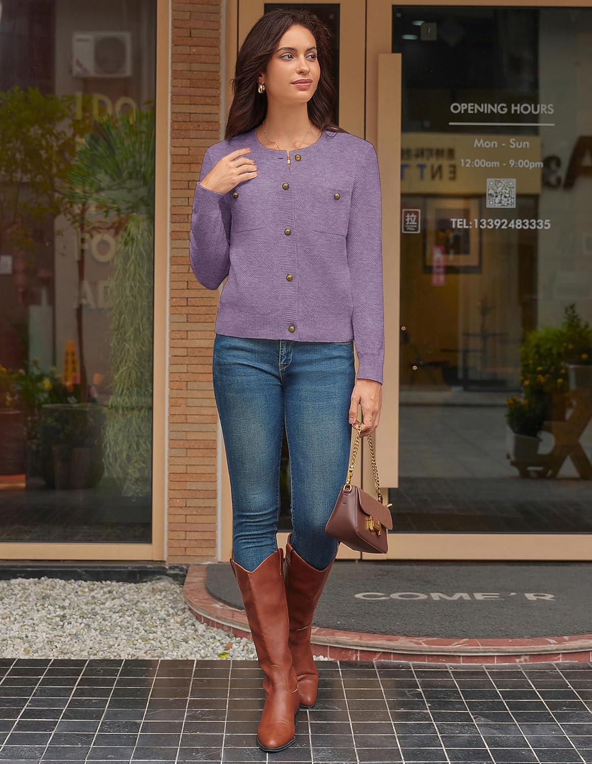imageGRACE KARIN Women 2025 Tweed Cardigan Sweaters Casual Lightweight Cropped Cardigan Early Fall Fashion Knit Blazer OutfitsPurple