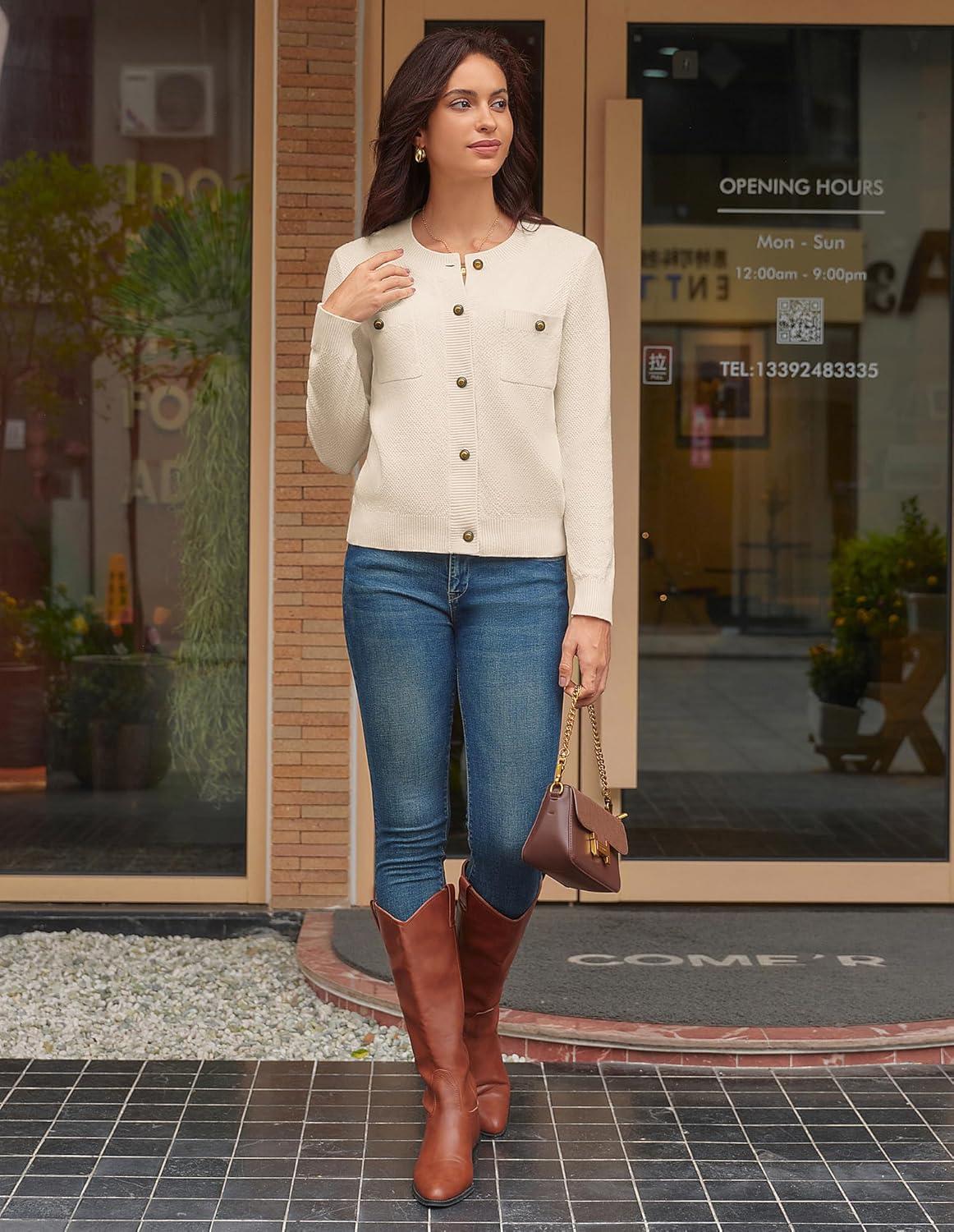 imageGRACE KARIN Women 2025 Tweed Cardigan Sweaters Casual Lightweight Cropped Cardigan Early Fall Fashion Knit Blazer OutfitsWhite