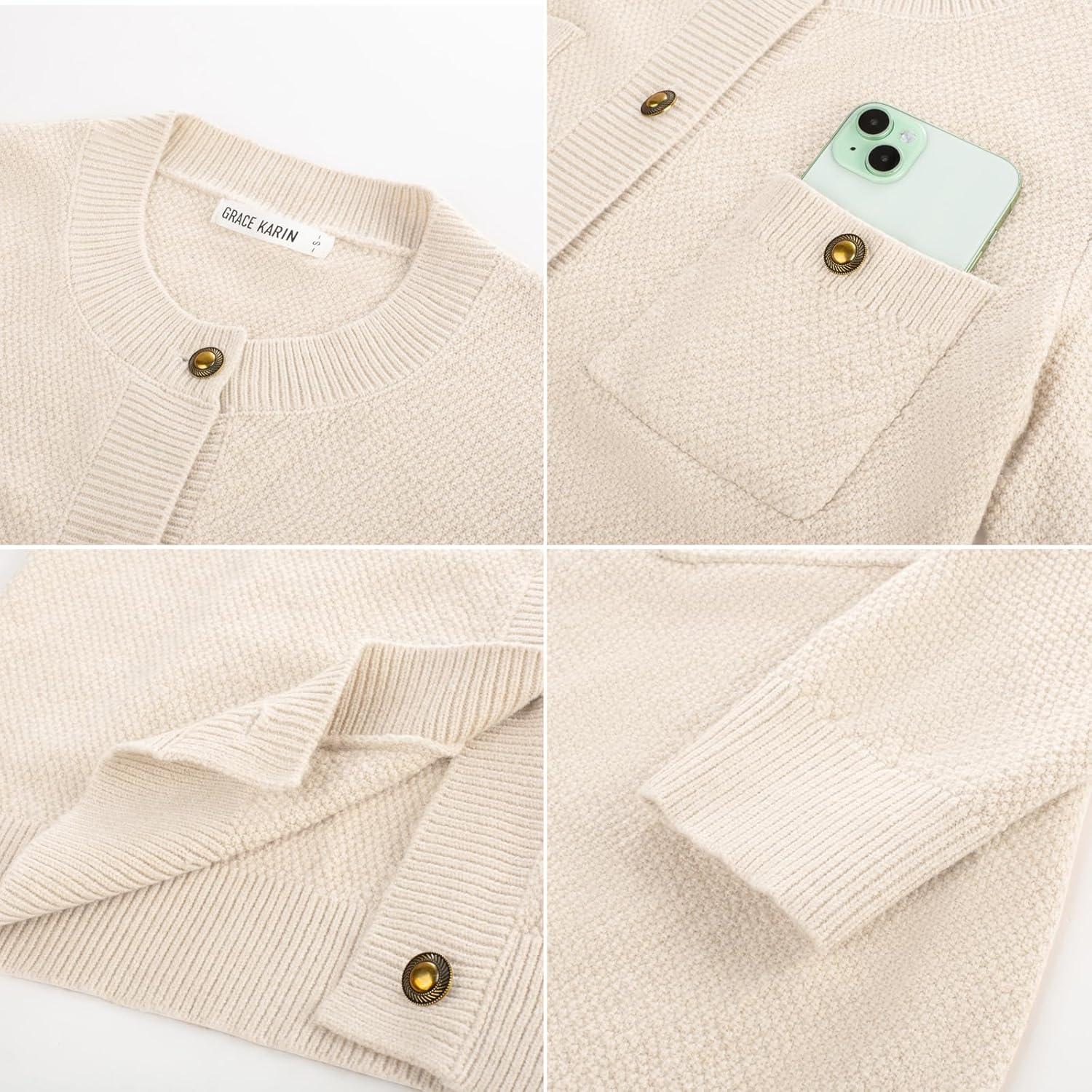 imageGRACE KARIN Women 2025 Tweed Cardigan Sweaters Casual Lightweight Cropped Cardigan Early Fall Fashion Knit Blazer OutfitsWhite