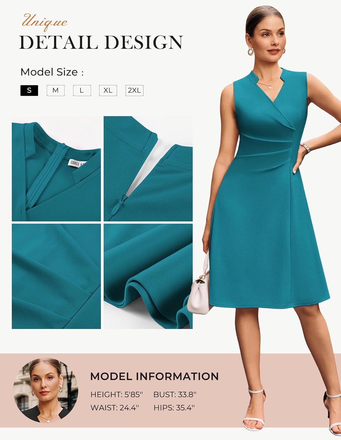 imageGRACE KARIN Women 2026 Summer Work Dress Sleeveless V Neck Elegant Midi Dresses A Line Ruched Waist Business DressesBlue Green