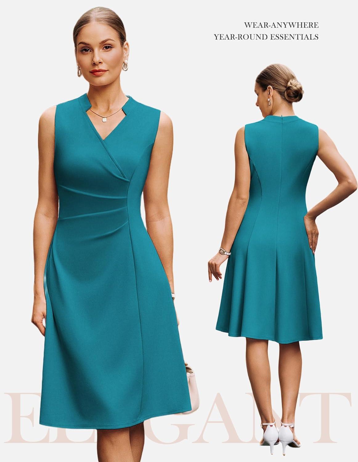 imageGRACE KARIN Women 2026 Summer Work Dress Sleeveless V Neck Elegant Midi Dresses A Line Ruched Waist Business DressesBlue Green