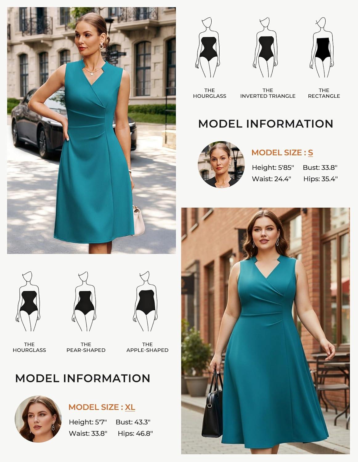imageGRACE KARIN Women 2026 Summer Work Dress Sleeveless V Neck Elegant Midi Dresses A Line Ruched Waist Business DressesBlue Green