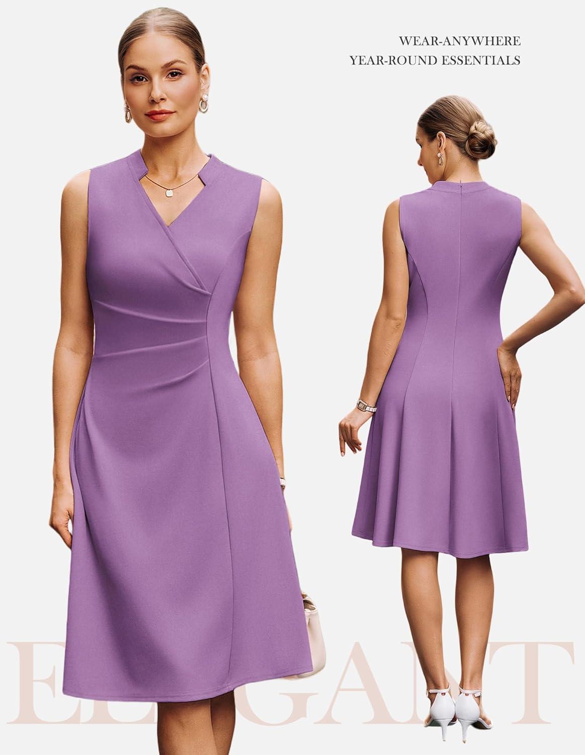 imageGRACE KARIN Women 2026 Summer Work Dress Sleeveless V Neck Elegant Midi Dresses A Line Ruched Waist Business DressesLavender Purple