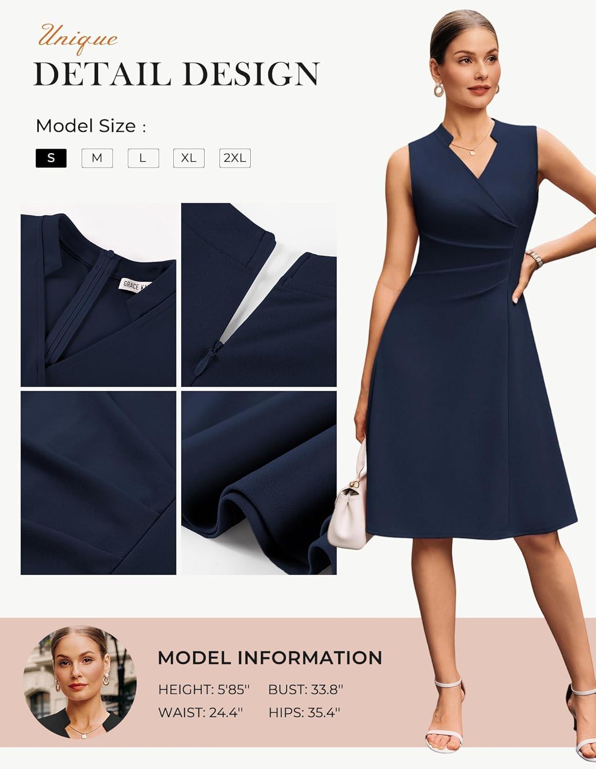 imageGRACE KARIN Women 2026 Summer Work Dress Sleeveless V Neck Elegant Midi Dresses A Line Ruched Waist Business DressesNavy Blue