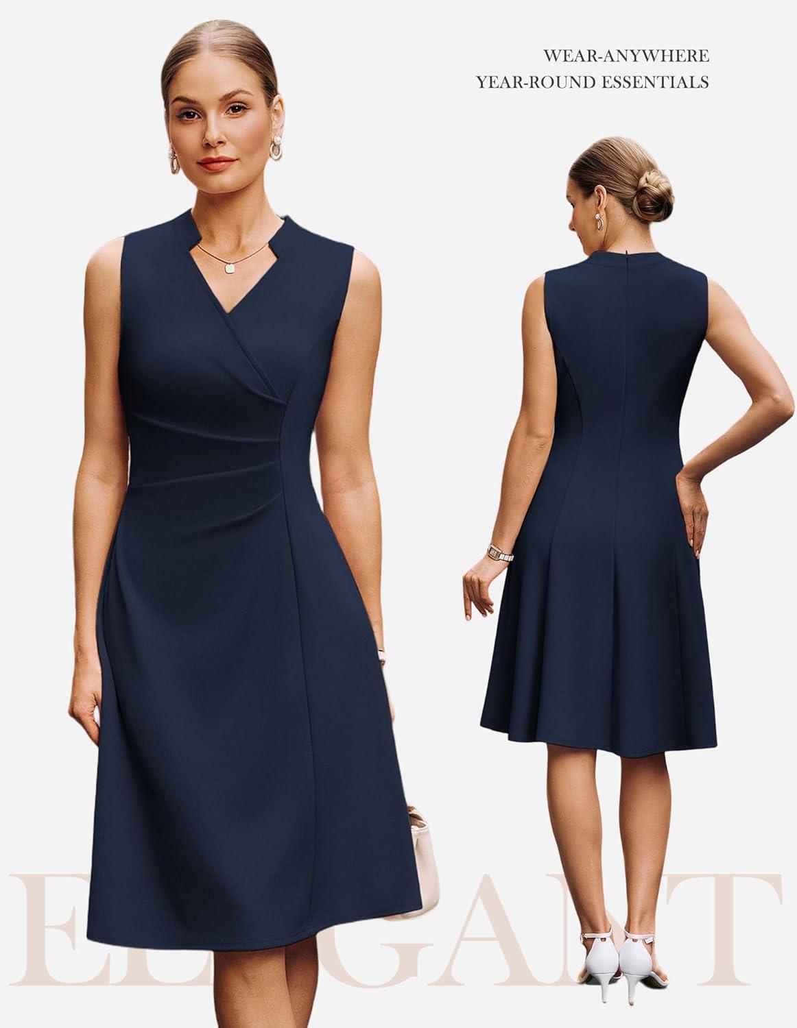 imageGRACE KARIN Women 2026 Summer Work Dress Sleeveless V Neck Elegant Midi Dresses A Line Ruched Waist Business DressesNavy Blue