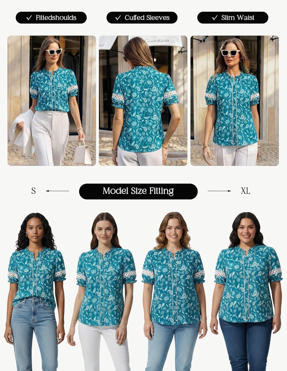 imageGRACE KARIN Women Boho Floral Tops Summer Short Eyelet Sleeve Dressy Casual Shirts Spring Button Down Blouse 2026 TrendyBlue
