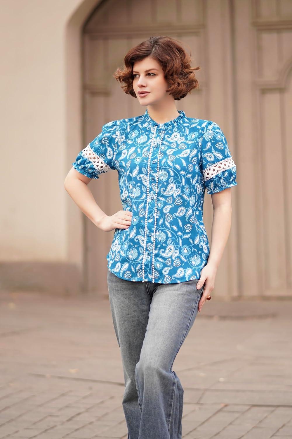 imageGRACE KARIN Women Boho Floral Tops Summer Short Eyelet Sleeve Dressy Casual Shirts Spring Button Down Blouse 2026 TrendyBlue