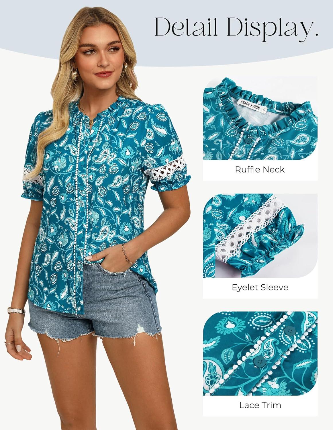 imageGRACE KARIN Women Boho Floral Tops Summer Short Eyelet Sleeve Dressy Casual Shirts Spring Button Down Blouse 2026 TrendyBlue