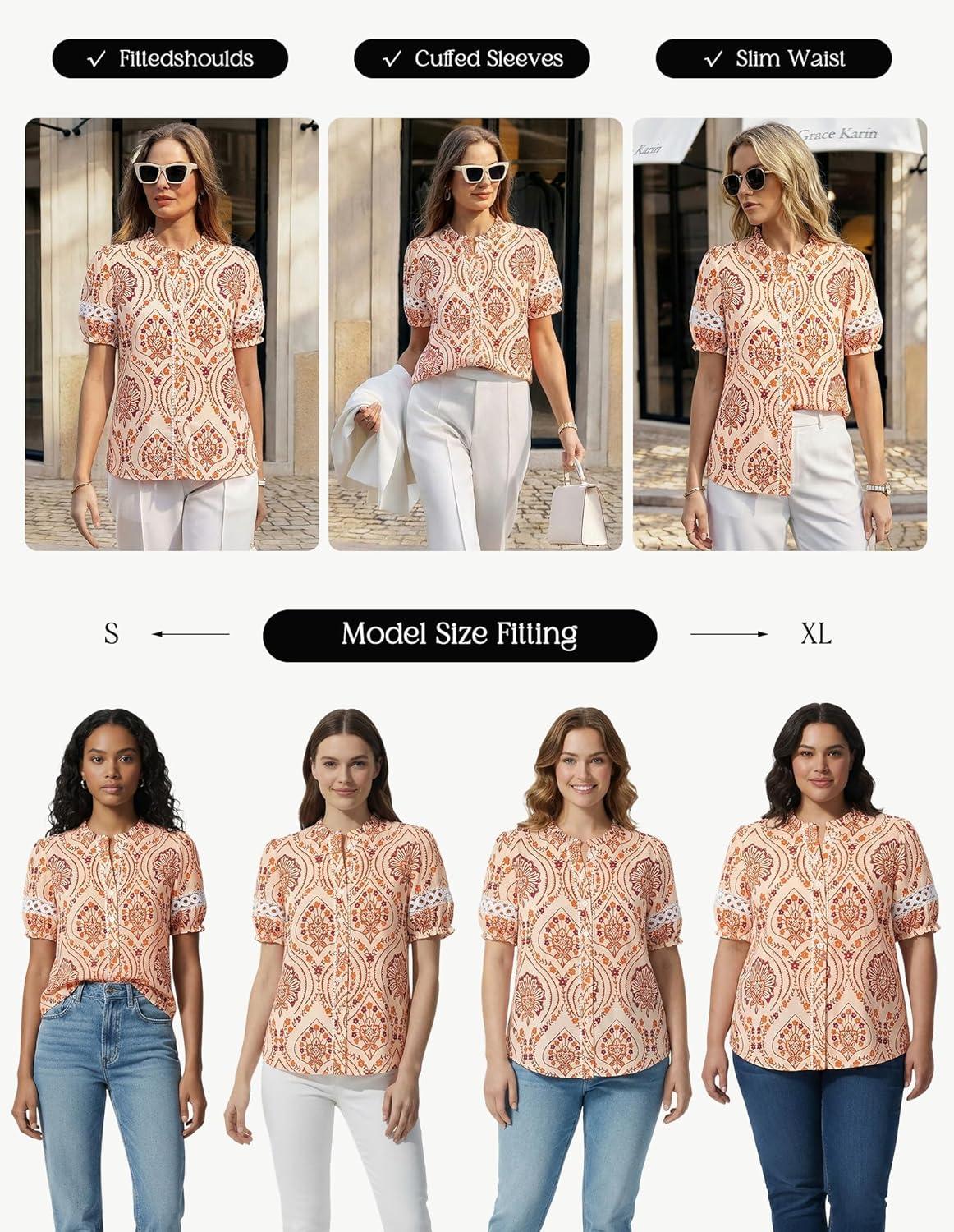 imageGRACE KARIN Women Boho Floral Tops Summer Short Eyelet Sleeve Dressy Casual Shirts Spring Button Down Blouse 2026 TrendyOrange