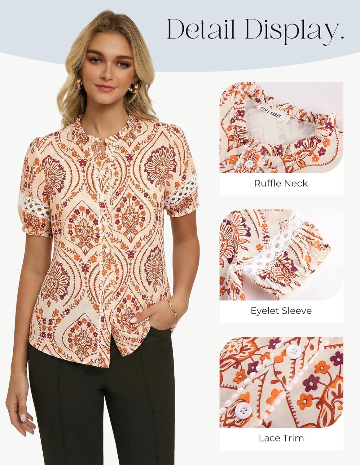 imageGRACE KARIN Women Boho Floral Tops Summer Short Eyelet Sleeve Dressy Casual Shirts Spring Button Down Blouse 2026 TrendyOrange