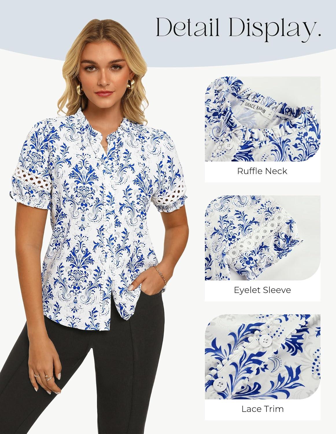 imageGRACE KARIN Women Boho Floral Tops Summer Short Eyelet Sleeve Dressy Casual Shirts Spring Button Down Blouse 2026 TrendyWhite Blue