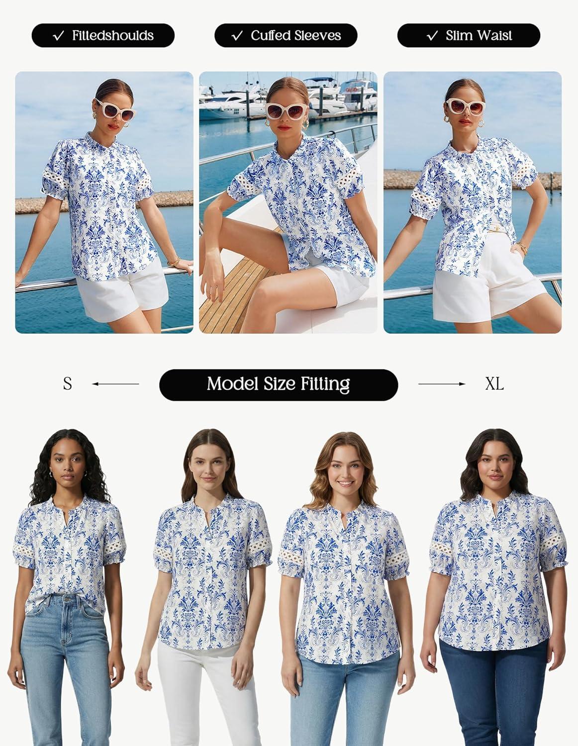 imageGRACE KARIN Women Boho Floral Tops Summer Short Eyelet Sleeve Dressy Casual Shirts Spring Button Down Blouse 2026 TrendyWhite Blue