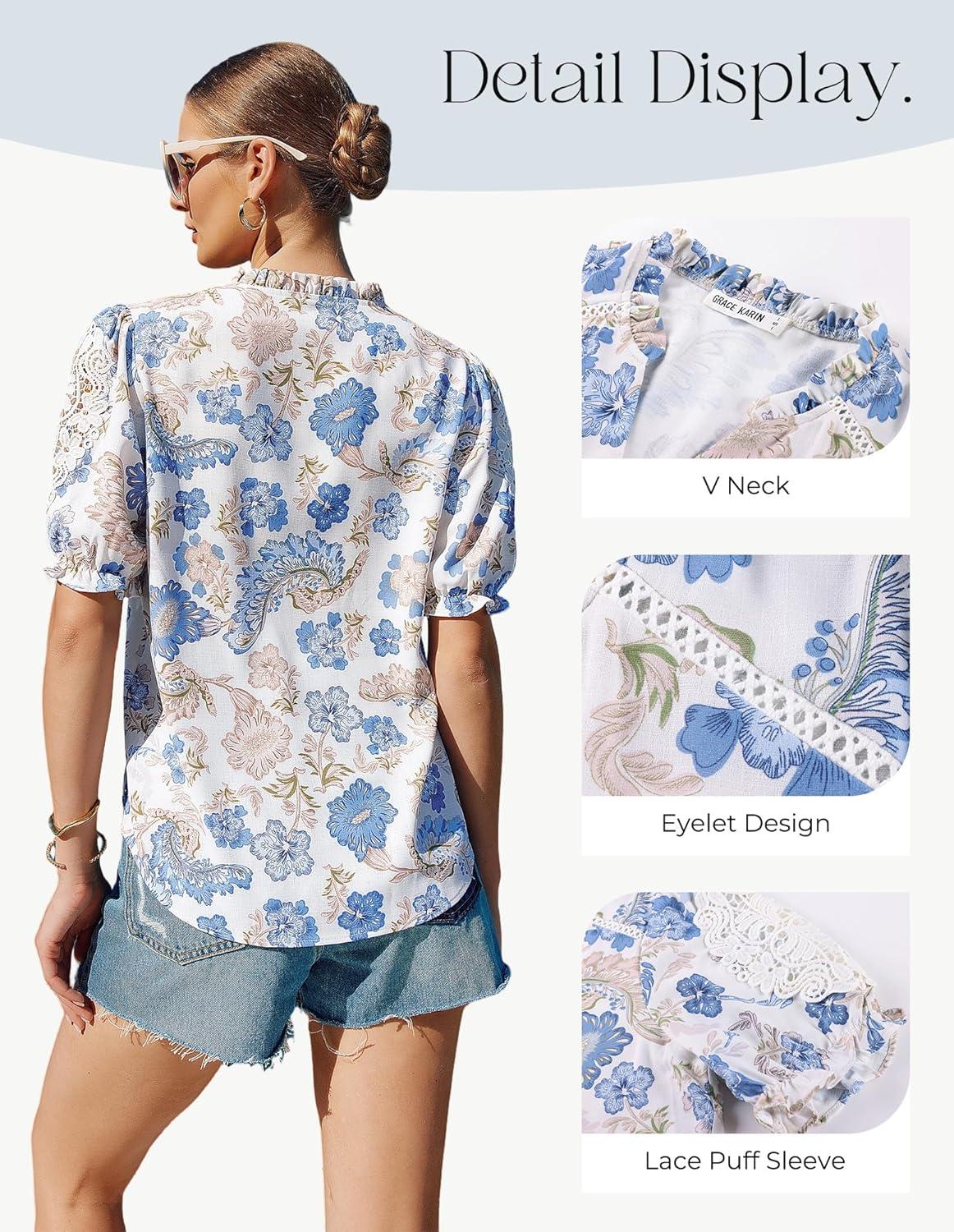 imageGRACE KARIN Women Boho Floral Tops Summer Short Sleeve Shirts V Neck Dressy Casual Blouse Work Printed 2026 Spring TrendyBeige Blue