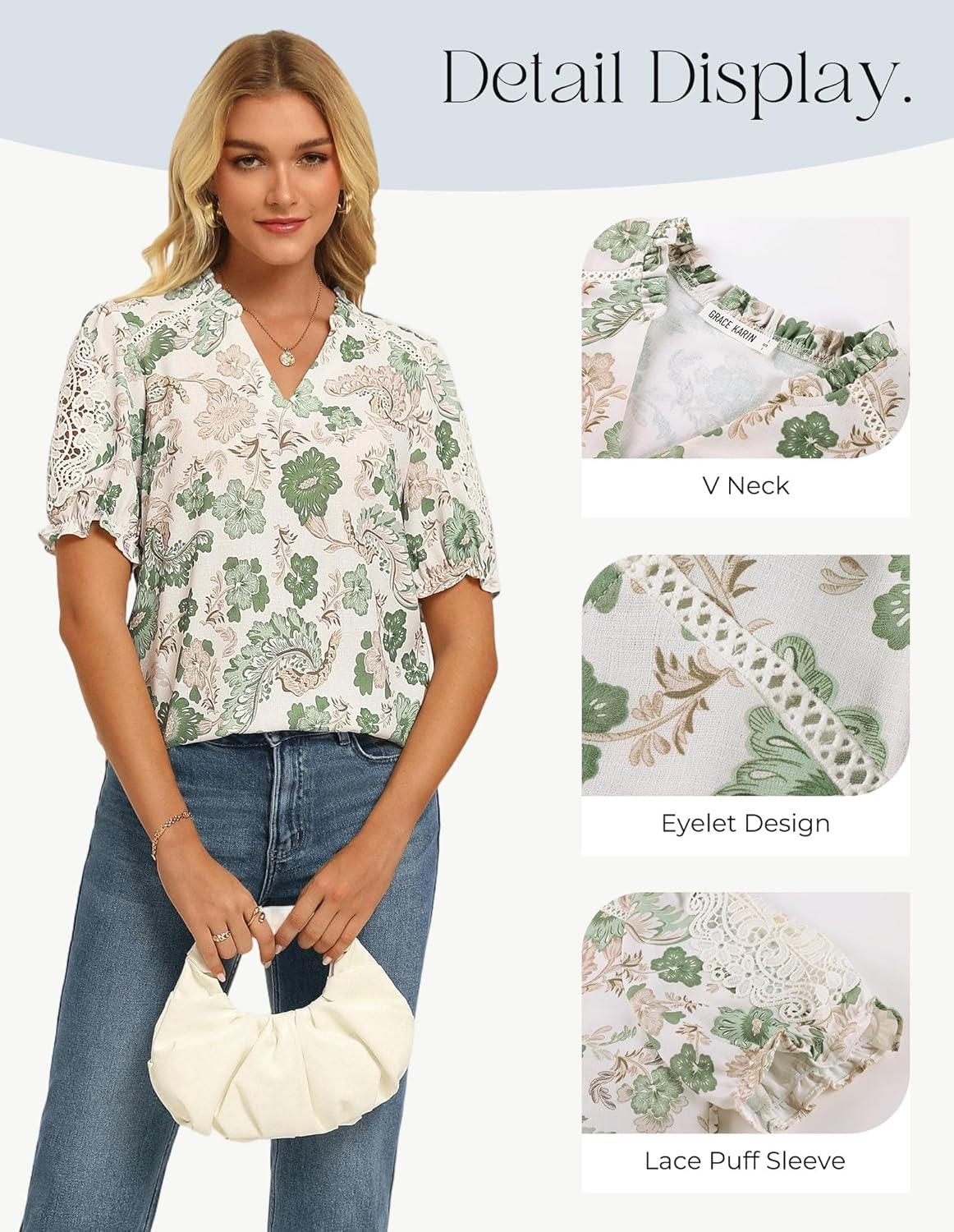 imageGRACE KARIN Women Boho Floral Tops Summer Short Sleeve Shirts V Neck Dressy Casual Blouse Work Printed 2026 Spring TrendyBeige Green