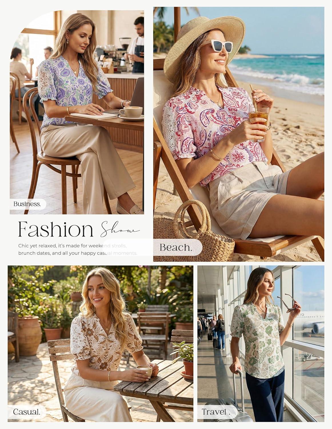 imageGRACE KARIN Women Boho Floral Tops Summer Short Sleeve Shirts V Neck Dressy Casual Blouse Work Printed 2026 Spring TrendyBeige Green