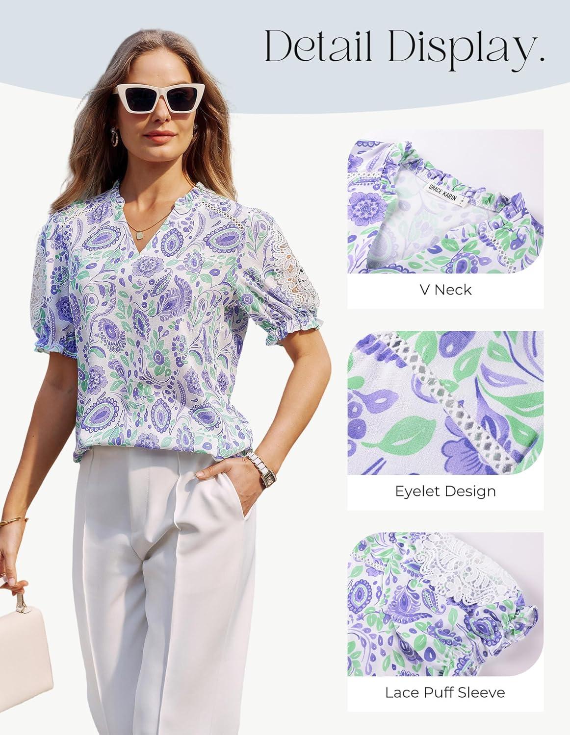 imageGRACE KARIN Women Boho Floral Tops Summer Short Sleeve Shirts V Neck Dressy Casual Blouse Work Printed 2026 Spring TrendyWhite Purple