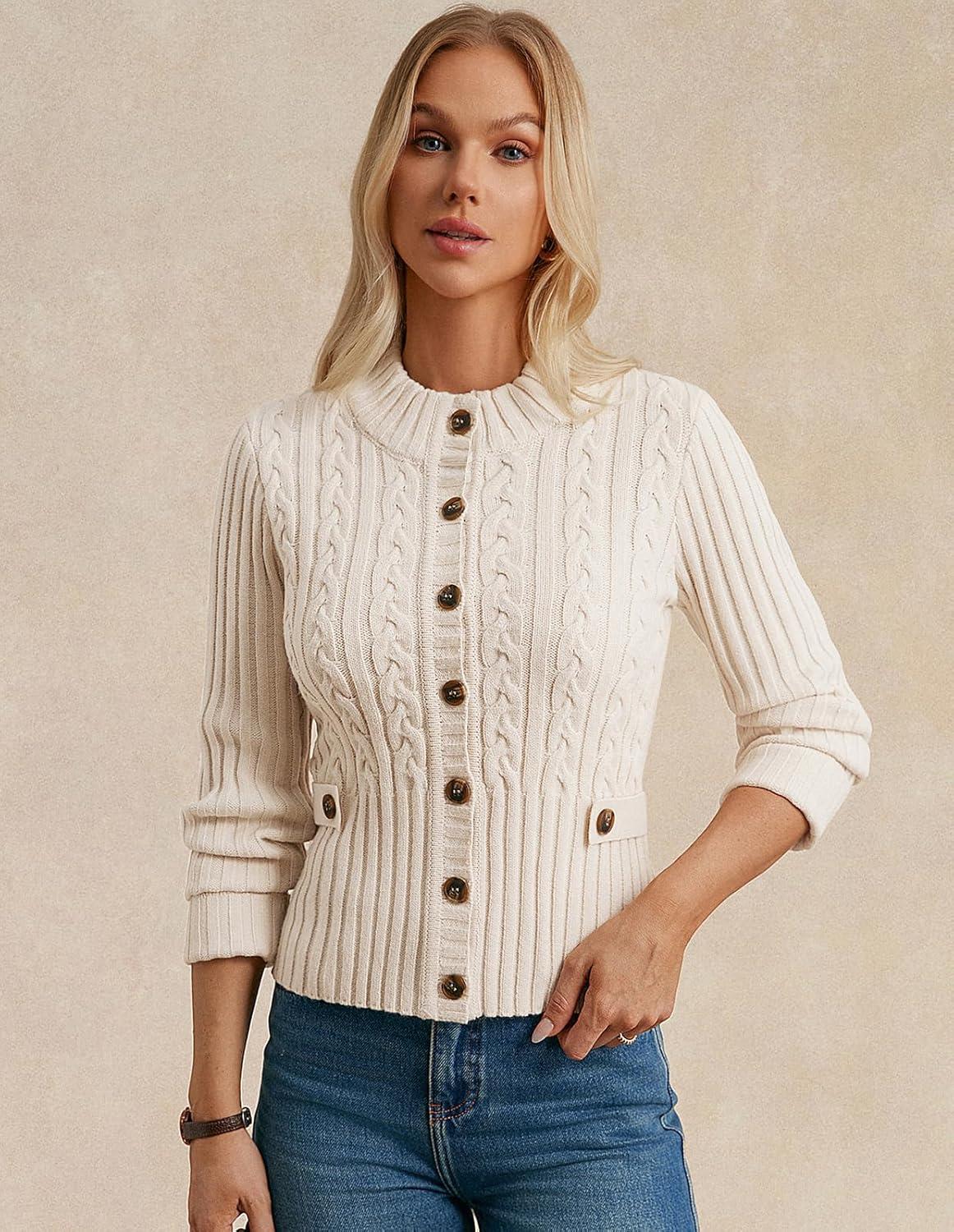 imageGRACE KARIN Women Button Up Cable Knit Sweater Cropped Cardigan Sweaters Chunky Winter Clothing 2025Apricot White