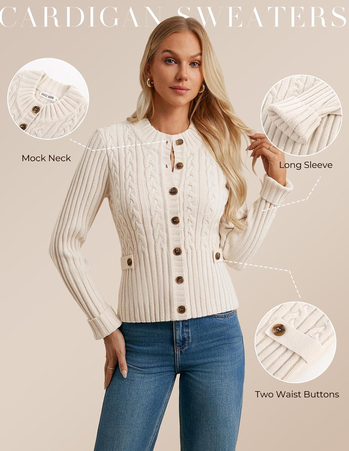 imageGRACE KARIN Women Button Up Cable Knit Sweater Cropped Cardigan Sweaters Chunky Winter Clothing 2025Apricot White