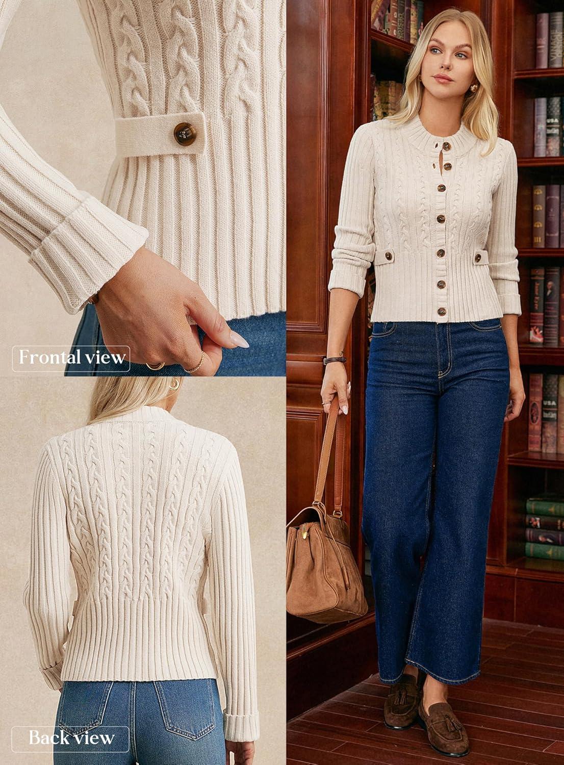 imageGRACE KARIN Women Button Up Cable Knit Sweater Cropped Cardigan Sweaters Chunky Winter Clothing 2025Apricot White
