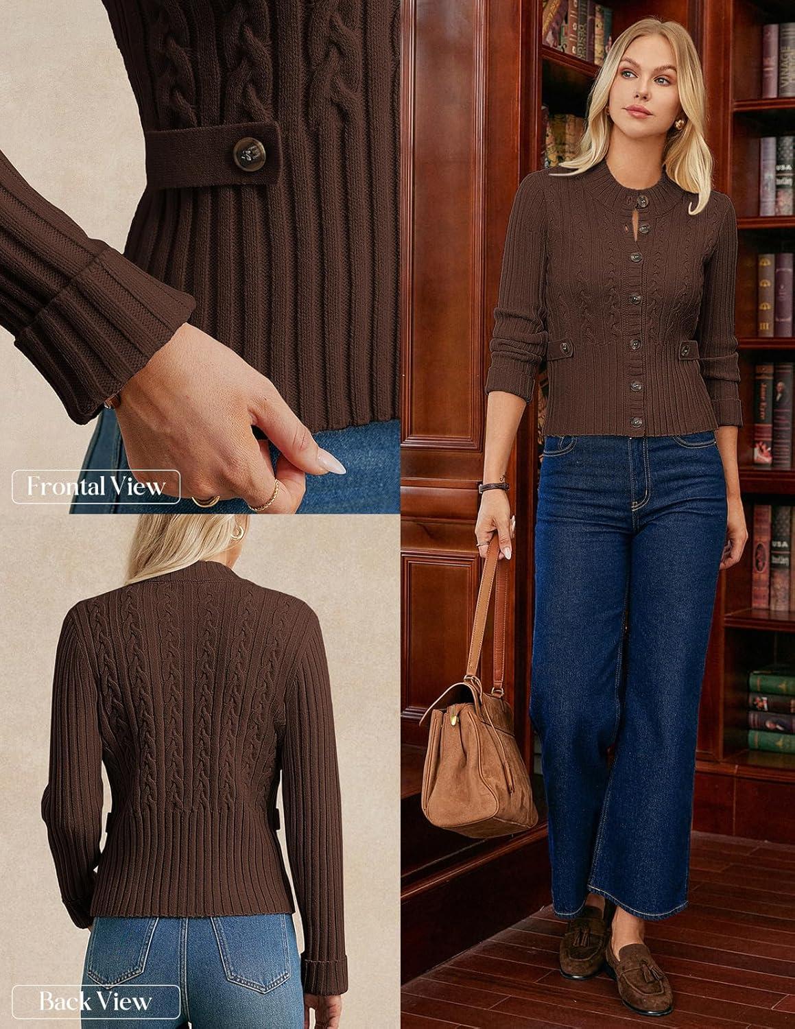 imageGRACE KARIN Women Button Up Cable Knit Sweater Cropped Cardigan Sweaters Chunky Winter Clothing 2025Chocolate Brown