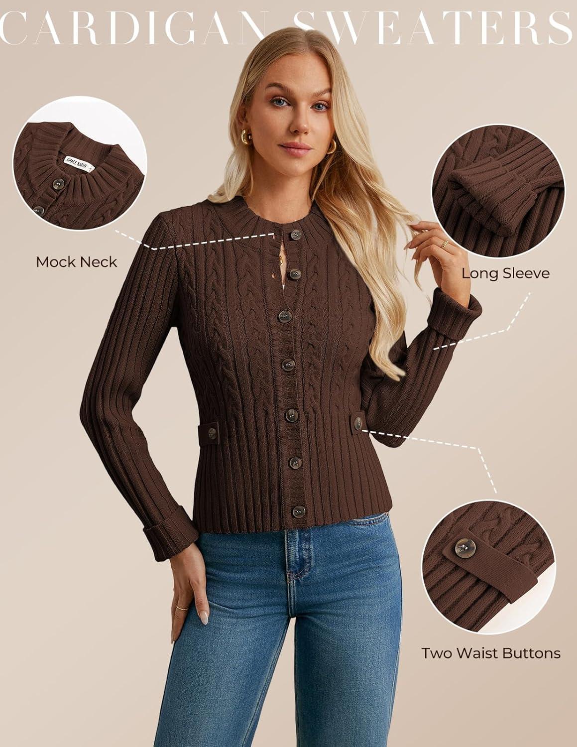 imageGRACE KARIN Women Button Up Cable Knit Sweater Cropped Cardigan Sweaters Chunky Winter Clothing 2025Chocolate Brown