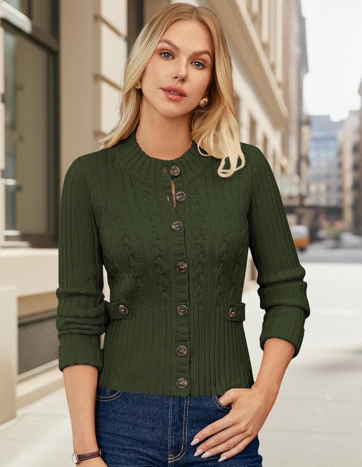 imageGRACE KARIN Women Button Up Cable Knit Sweater Cropped Cardigan Sweaters Chunky Winter Clothing 2025Dark Green