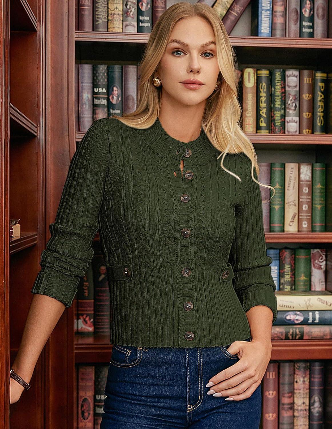 imageGRACE KARIN Women Button Up Cable Knit Sweater Cropped Cardigan Sweaters Chunky Winter Clothing 2025Dark Green