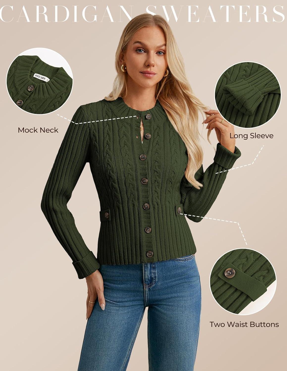 imageGRACE KARIN Women Button Up Cable Knit Sweater Cropped Cardigan Sweaters Chunky Winter Clothing 2025Dark Green
