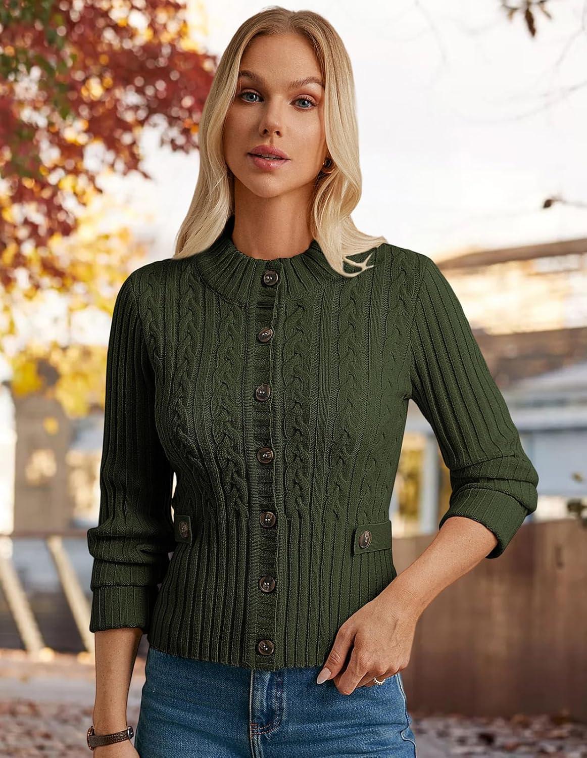 imageGRACE KARIN Women Button Up Cable Knit Sweater Cropped Cardigan Sweaters Chunky Winter Clothing 2025Dark Green