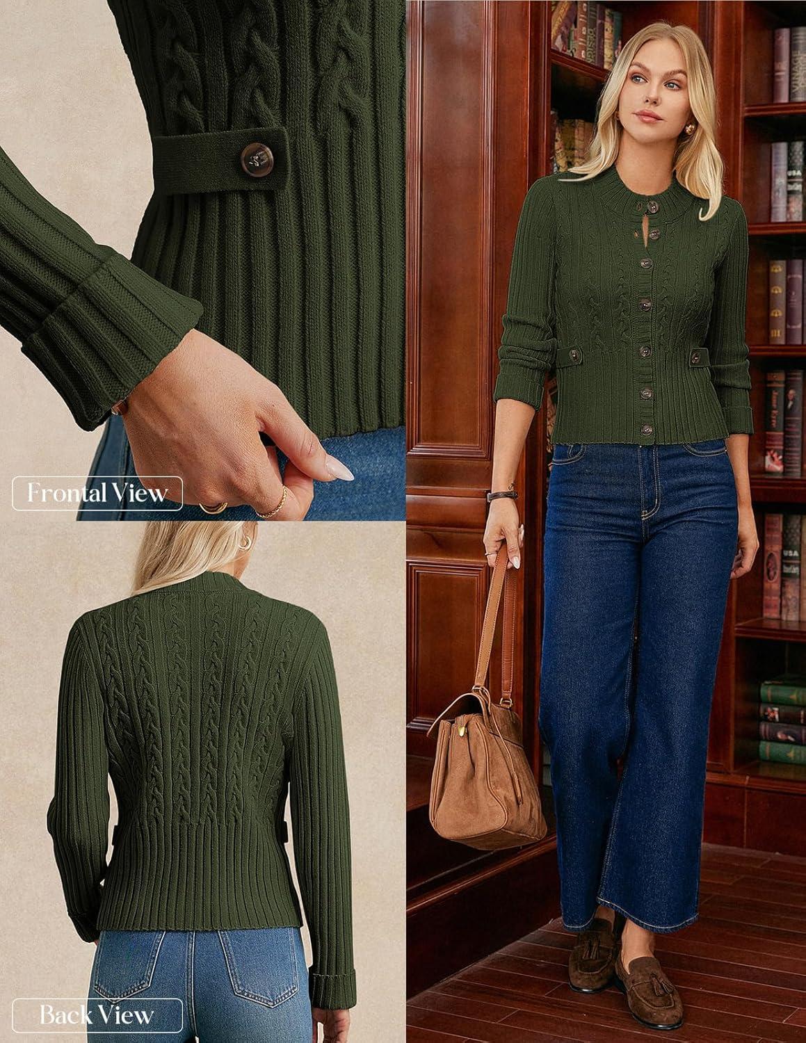imageGRACE KARIN Women Button Up Cable Knit Sweater Cropped Cardigan Sweaters Chunky Winter Clothing 2025Dark Green