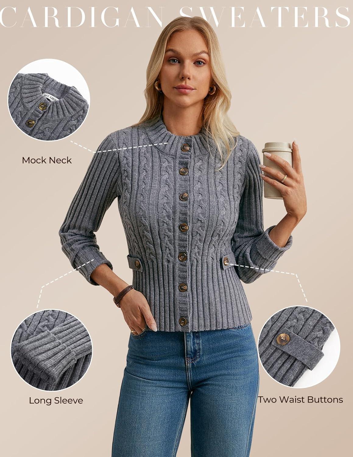 imageGRACE KARIN Women Button Up Cable Knit Sweater Cropped Cardigan Sweaters Chunky Winter Clothing 2025Dark Grey