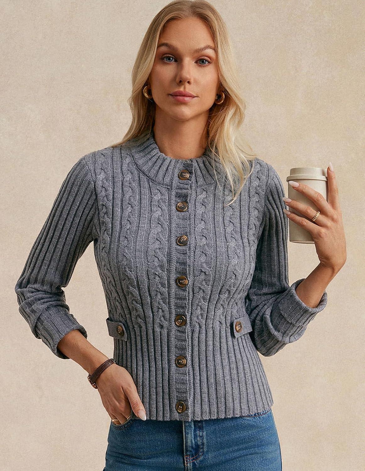 imageGRACE KARIN Women Button Up Cable Knit Sweater Cropped Cardigan Sweaters Chunky Winter Clothing 2025Dark Grey