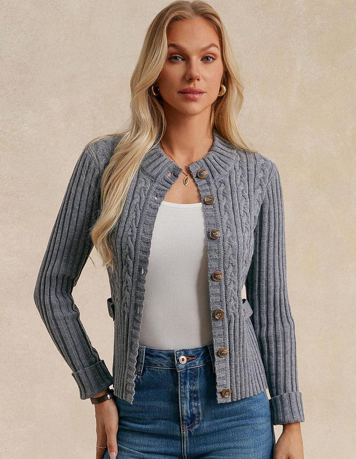 imageGRACE KARIN Women Button Up Cable Knit Sweater Cropped Cardigan Sweaters Chunky Winter Clothing 2025Dark Grey