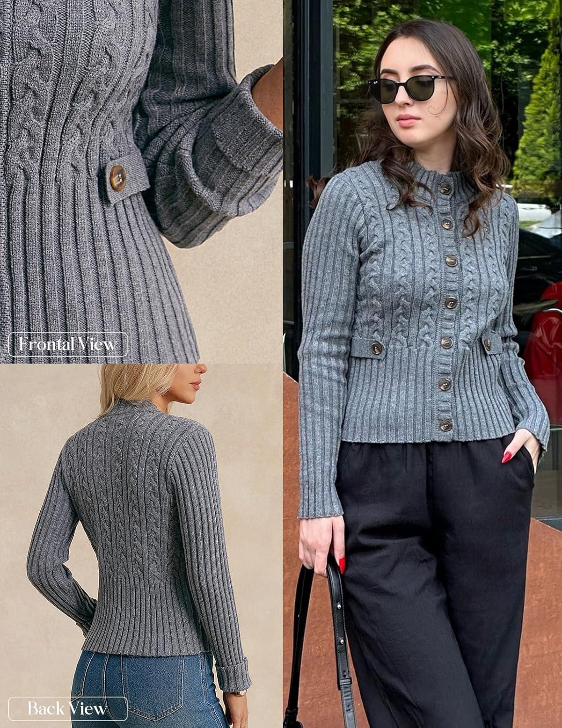 imageGRACE KARIN Women Button Up Cable Knit Sweater Cropped Cardigan Sweaters Chunky Winter Clothing 2025Dark Grey