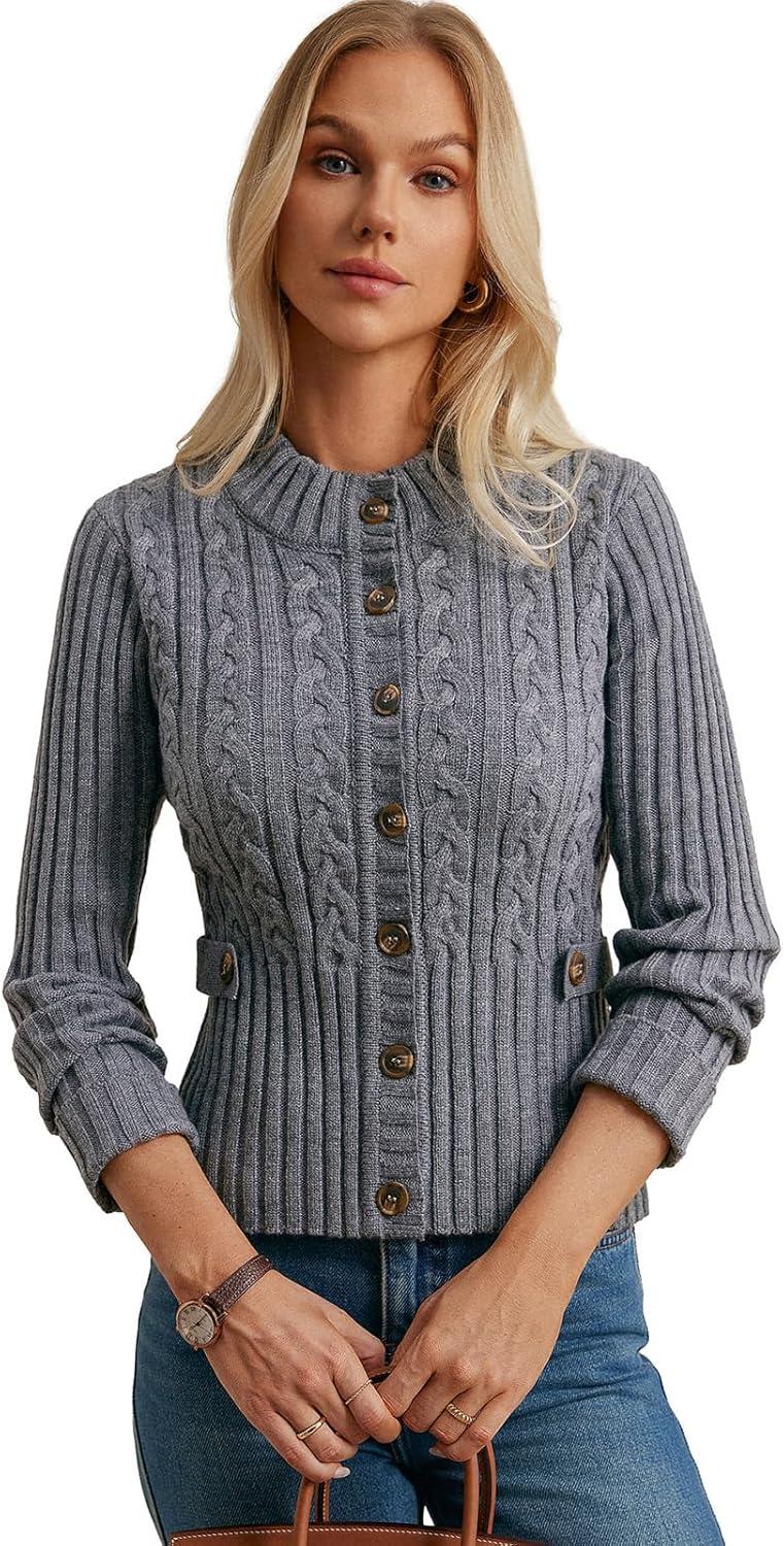 imageGRACE KARIN Women Button Up Cable Knit Sweater Cropped Cardigan Sweaters Chunky Winter Clothing 2025Dark Grey