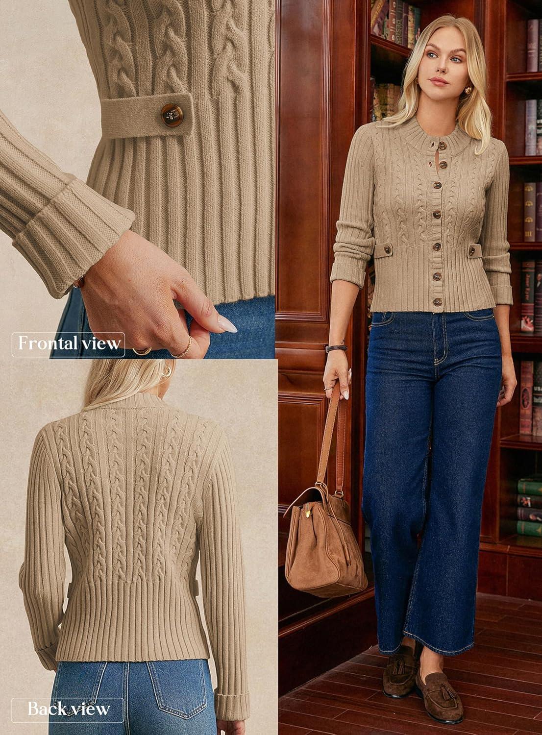 imageGRACE KARIN Women Button Up Cable Knit Sweater Cropped Cardigan Sweaters Chunky Winter Clothing 2025Khaki Beige