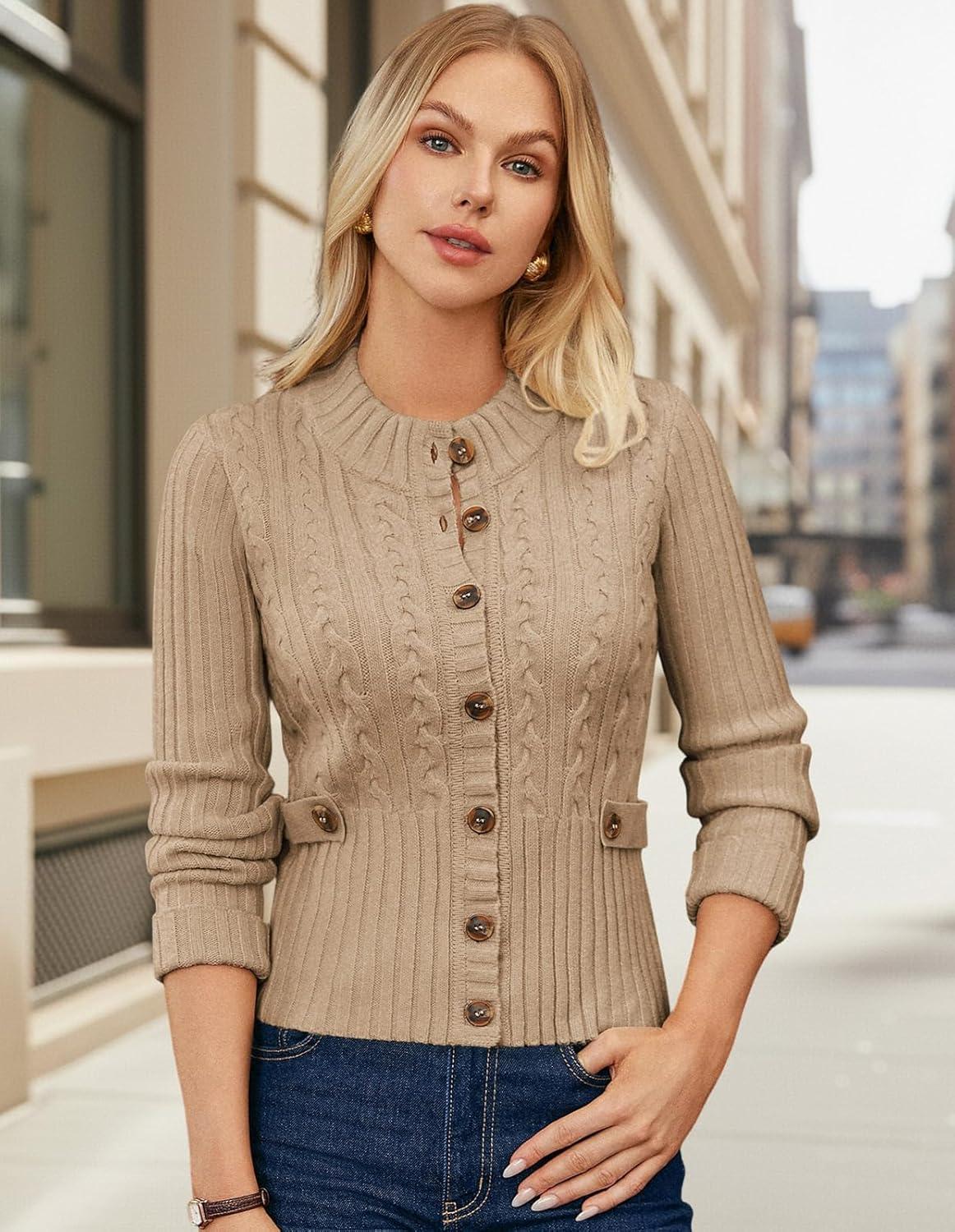 imageGRACE KARIN Women Button Up Cable Knit Sweater Cropped Cardigan Sweaters Chunky Winter Clothing 2025Khaki Beige