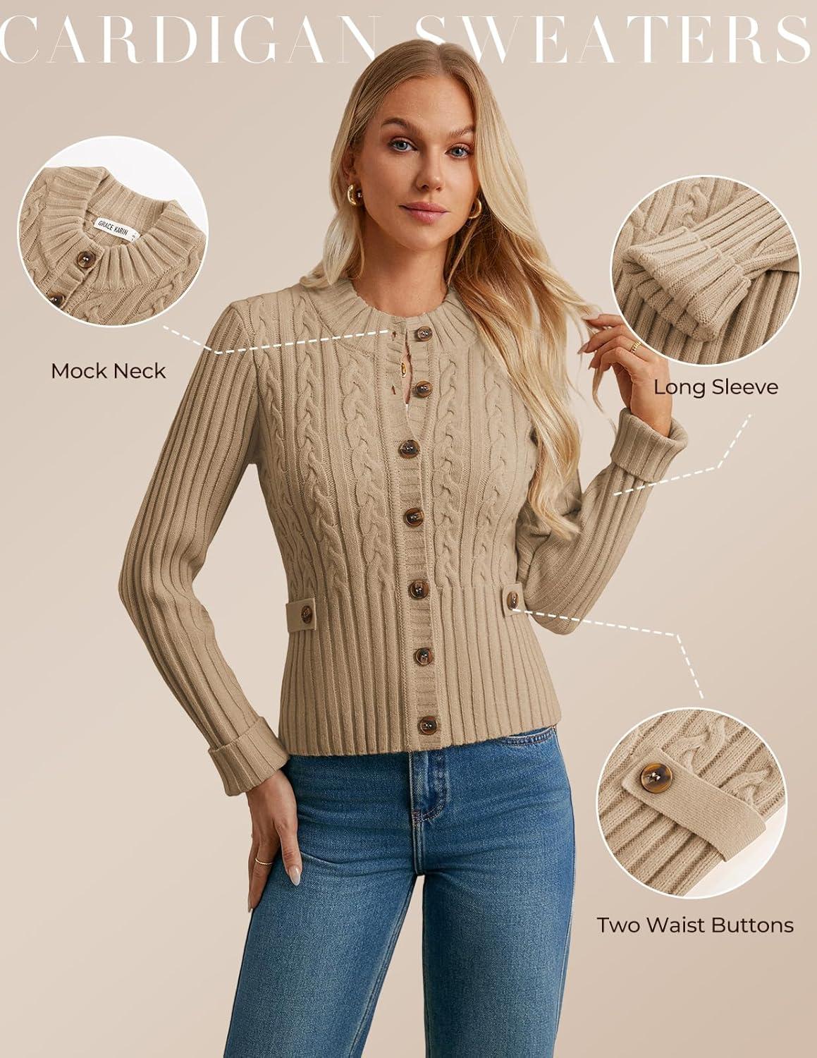 imageGRACE KARIN Women Button Up Cable Knit Sweater Cropped Cardigan Sweaters Chunky Winter Clothing 2025Khaki Beige