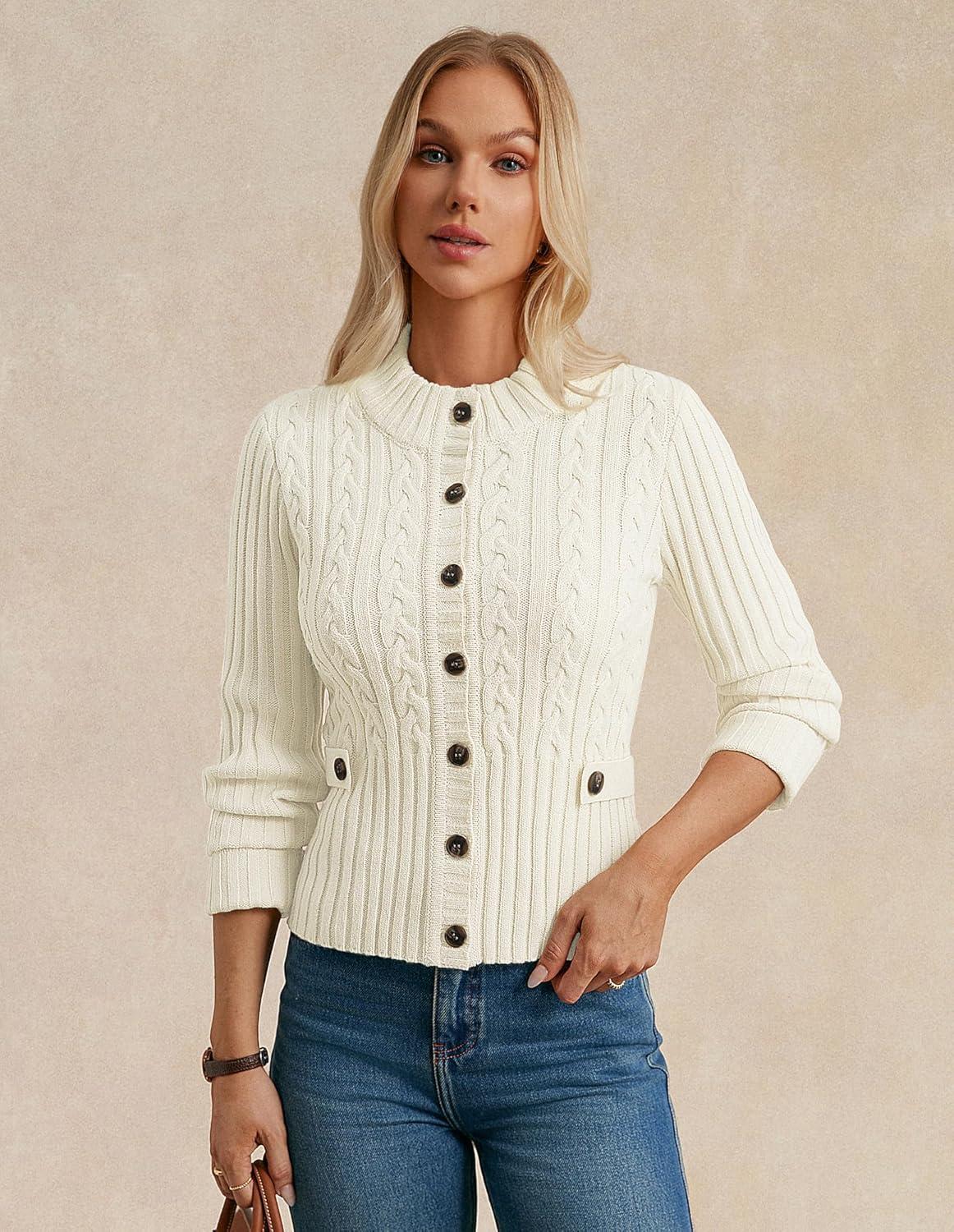 imageGRACE KARIN Women Button Up Cable Knit Sweater Cropped Cardigan Sweaters Chunky Winter Clothing 2025White