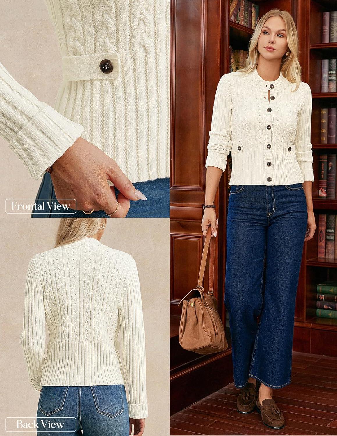 imageGRACE KARIN Women Button Up Cable Knit Sweater Cropped Cardigan Sweaters Chunky Winter Clothing 2025White