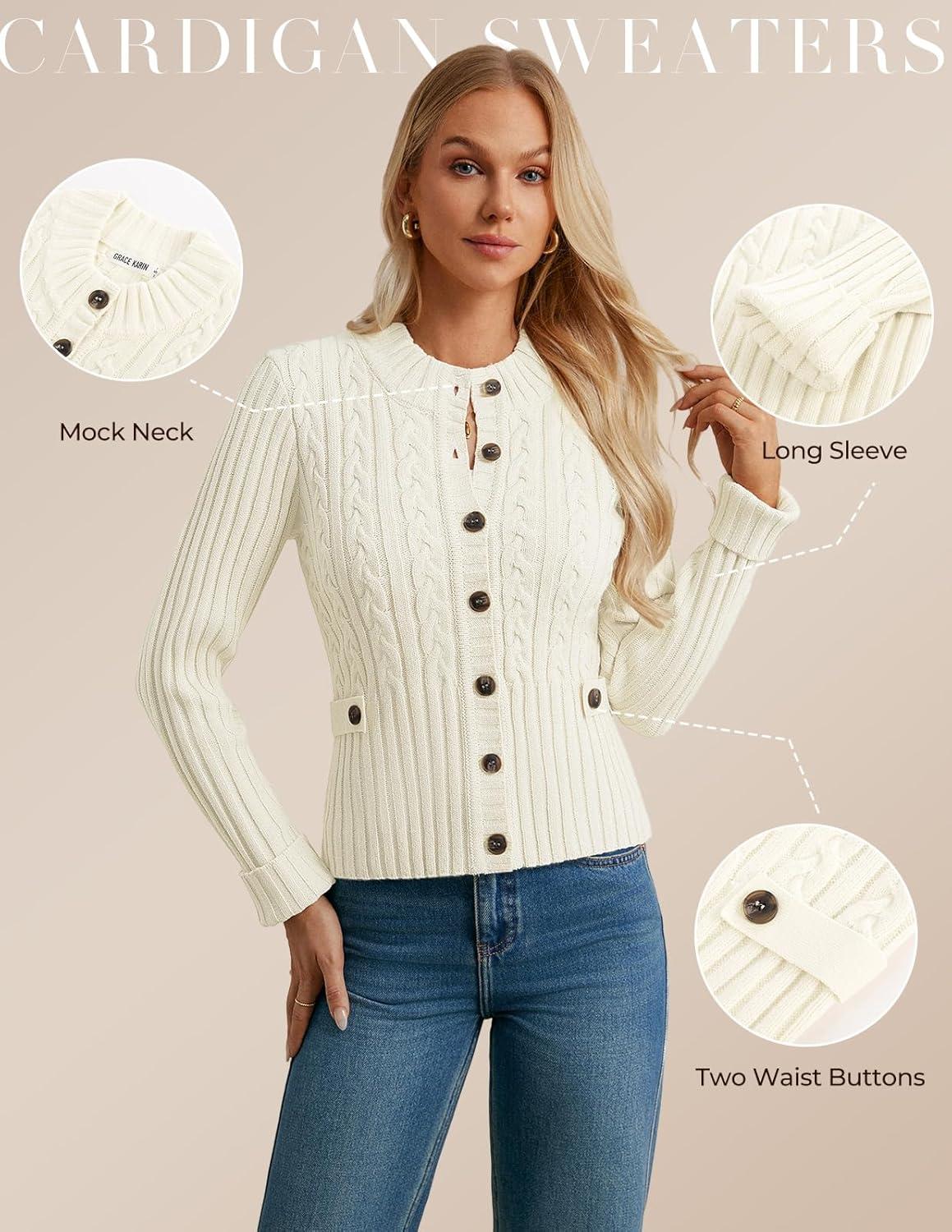 imageGRACE KARIN Women Button Up Cable Knit Sweater Cropped Cardigan Sweaters Chunky Winter Clothing 2025White