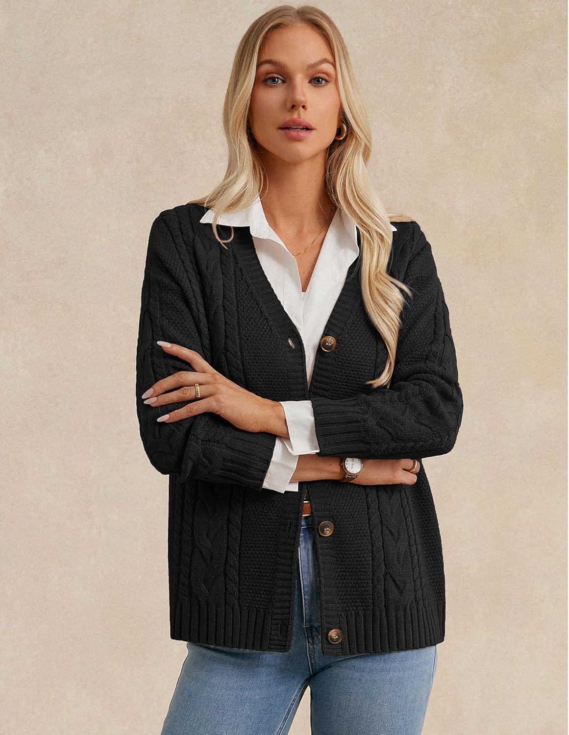 imageGRACE KARIN Women Cable Knit Cardigan Sweater Chunky Button Up Sweaters Long Sleeve Open Front CardiganBlack